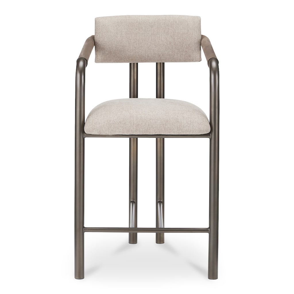 Title: NADAAL STUDIOS Dastan Counter Stool, Leather Wrapped Arms, Iron Frame, Upholstered Seat, Brown