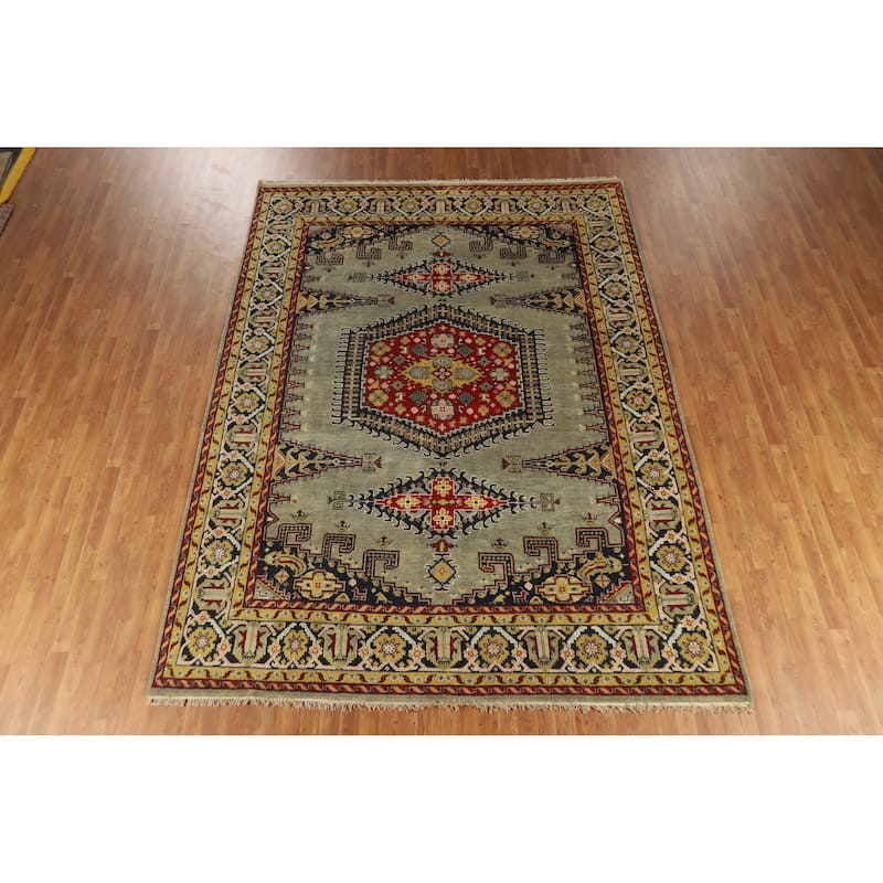 Green Geometric Viss Indian Area Rug Hand-Knotted Wool Carpet - 8'7" x 11'9"