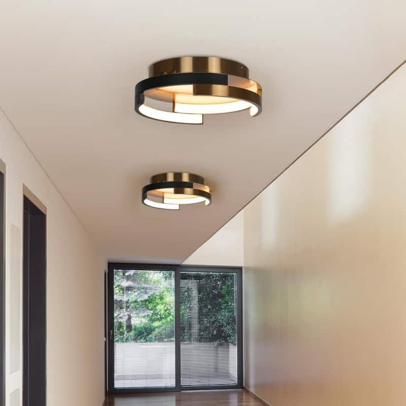 Modern 2-Light Black Brushed Brass Integrated LED Flush Mount Ceiling Light with Dual Ring Design - 12" D x 3.5" H