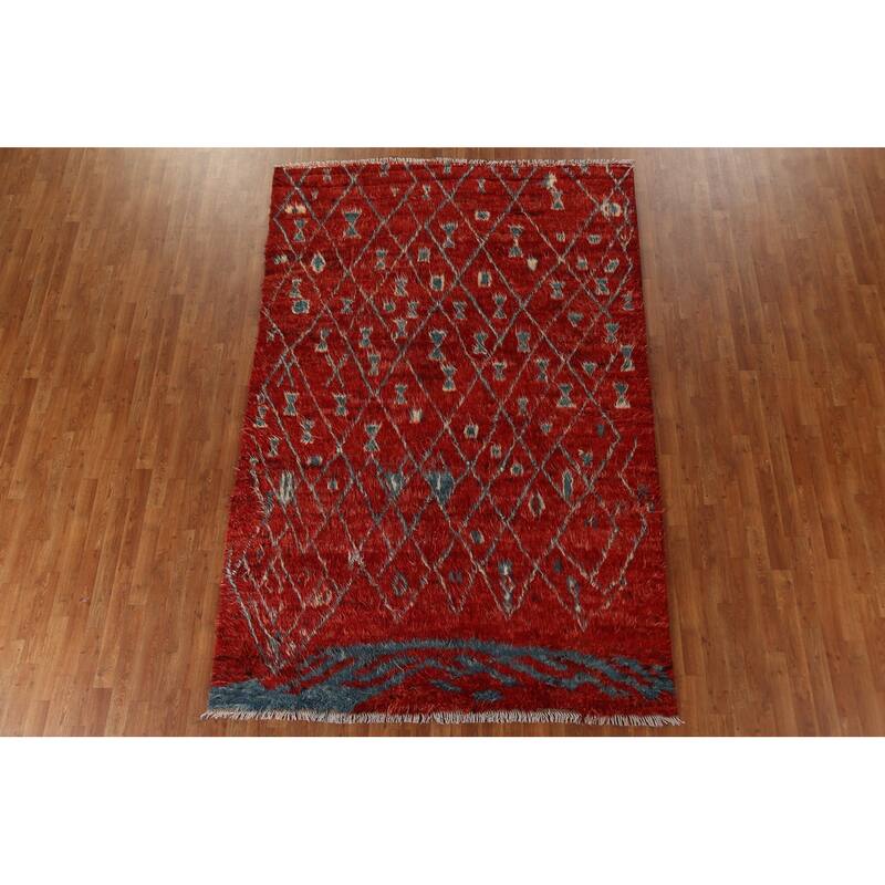 Hand Knotted Oriental 100% Wool Carpet Modern Tribal Red Moroccan Area Rug - 9' 9'' X 6' 5''