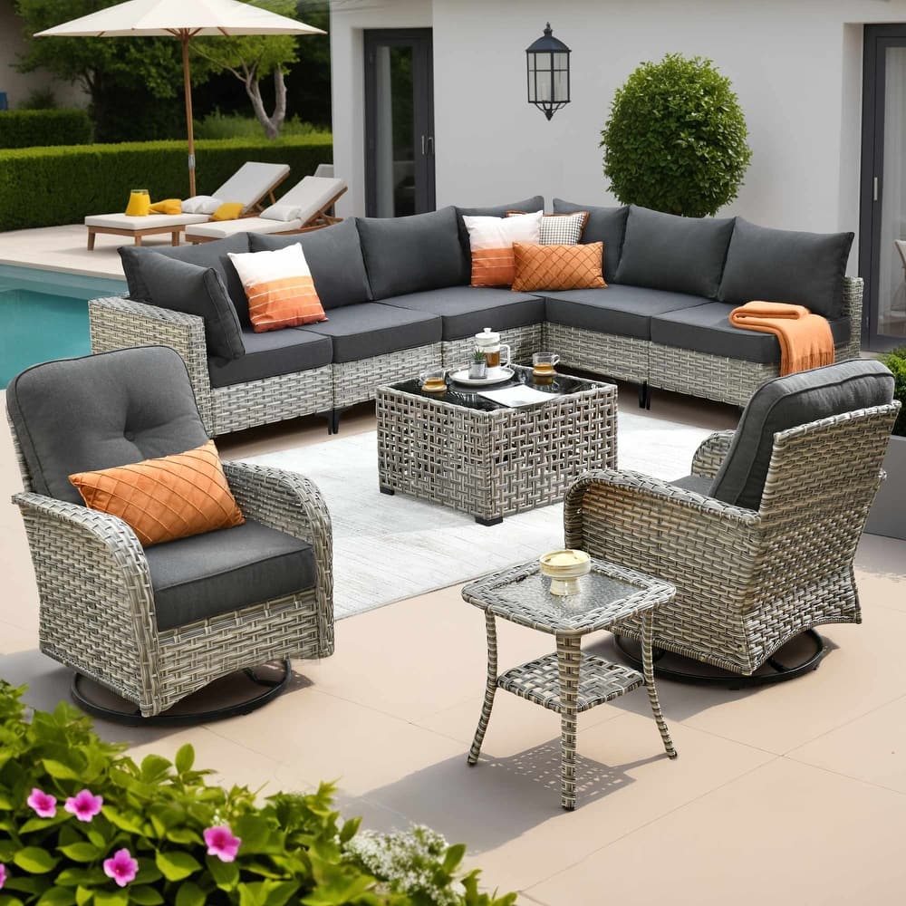 OVIOS 10 Pieces Outdoor Wicker Swivel Chair Set With Solar-Powered Coffee Table