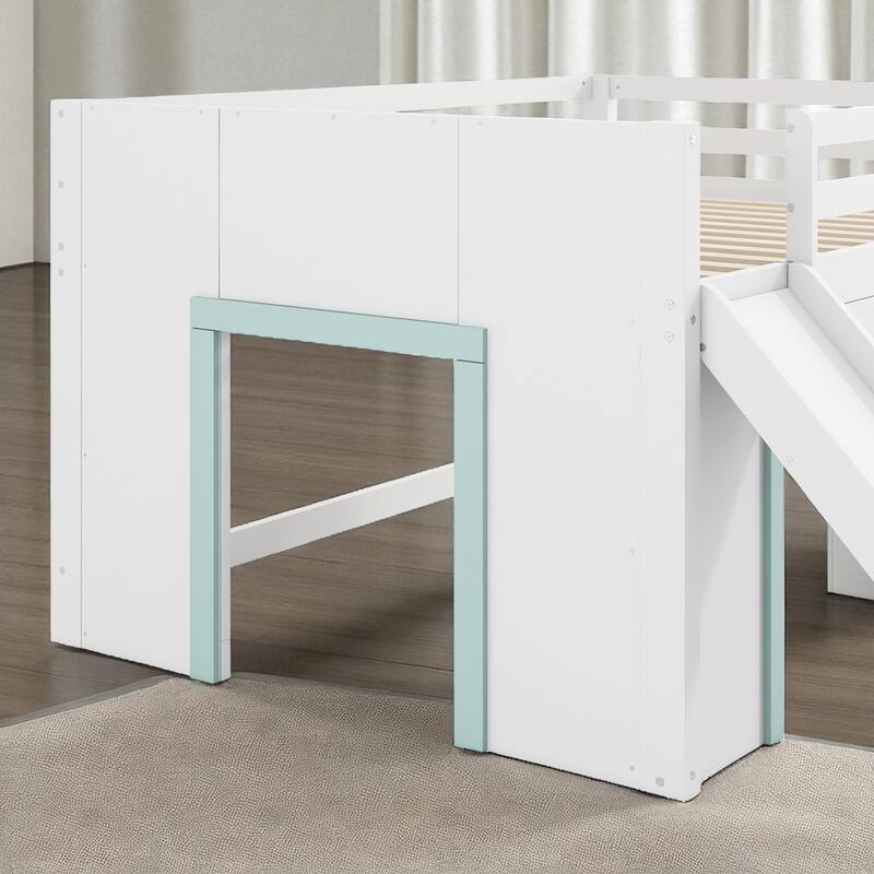Full Size Low Loft Bed with Slide, 3 Storage Drawers, 2 Doors, Solid Wood Frame, White Loft Bed for Kids