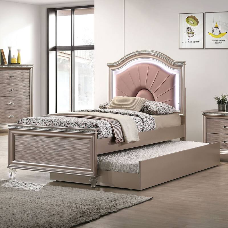Ving Glam Wood LED Light Youth Panel Bed with Trundle by Furniture of America - Rose Gold - Full