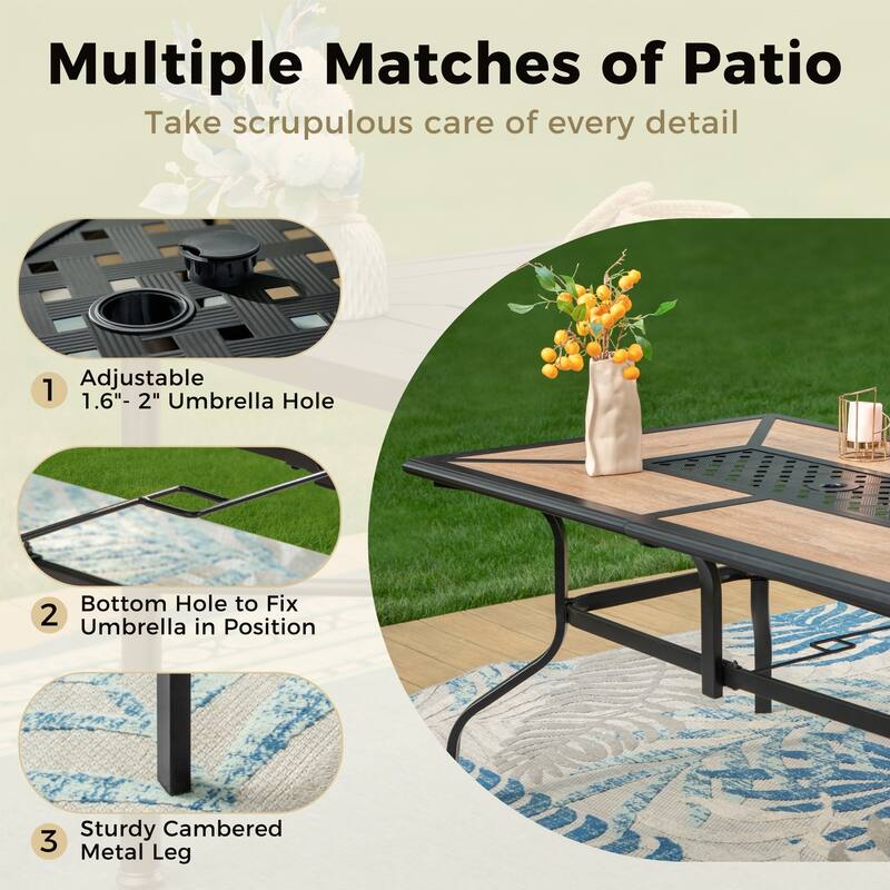 MAISON ARTS 7 PCS Outdoor Patio Dining Set with High Back Textilene Swivel Chair and a Wood Grain Table with Umbrella Hole
