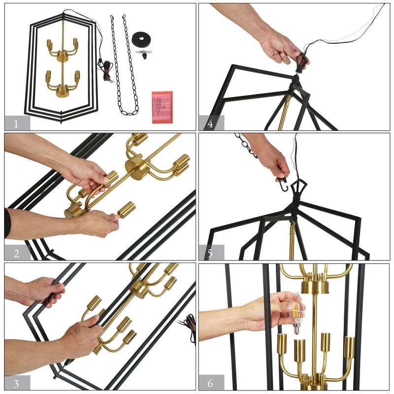 Modern 8-Light Geometric Chandelier Black Copper Lantern Pendant for Kitchen Dining Room - 17.7 " × 14.3 " × 34.3 "