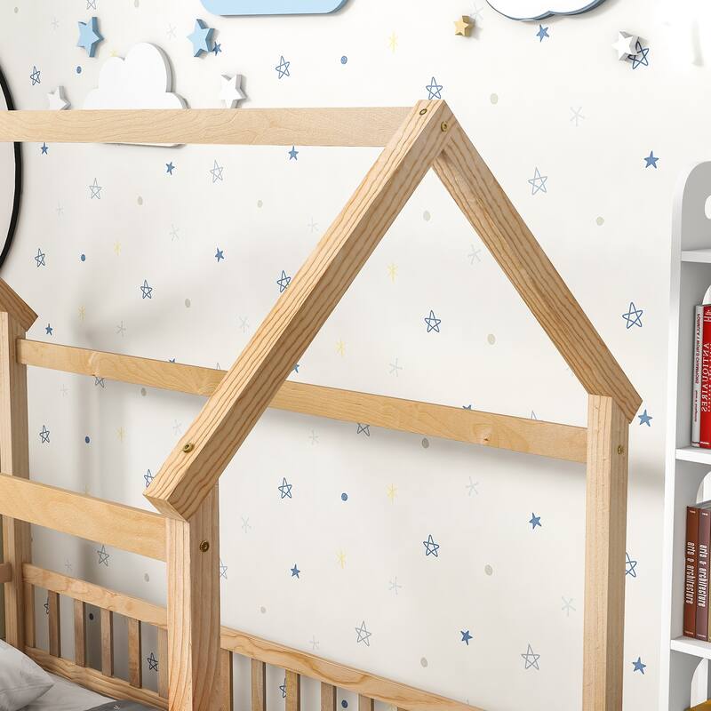 House Floor Bed for Kids, Wooden Montessori Bed Frame with Fence