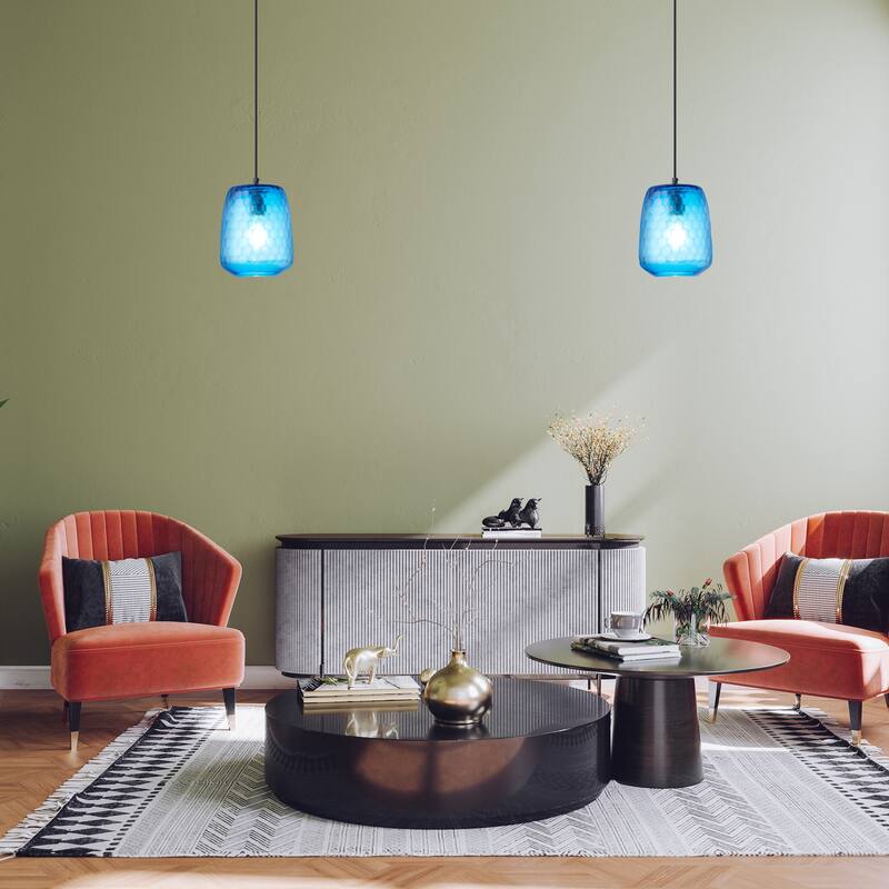 Beverly River of Goods Black Metal and Blue Hand-Blown Glass Globe 7-Inch Pendant Light with Adjustable Hanging Cord