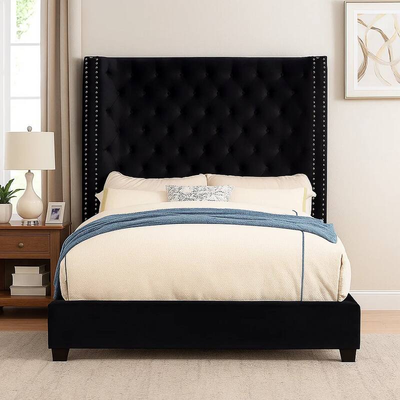 Rozy Queen Bed with Wingback Headboard, Nailhead Trim, Black Upholstery