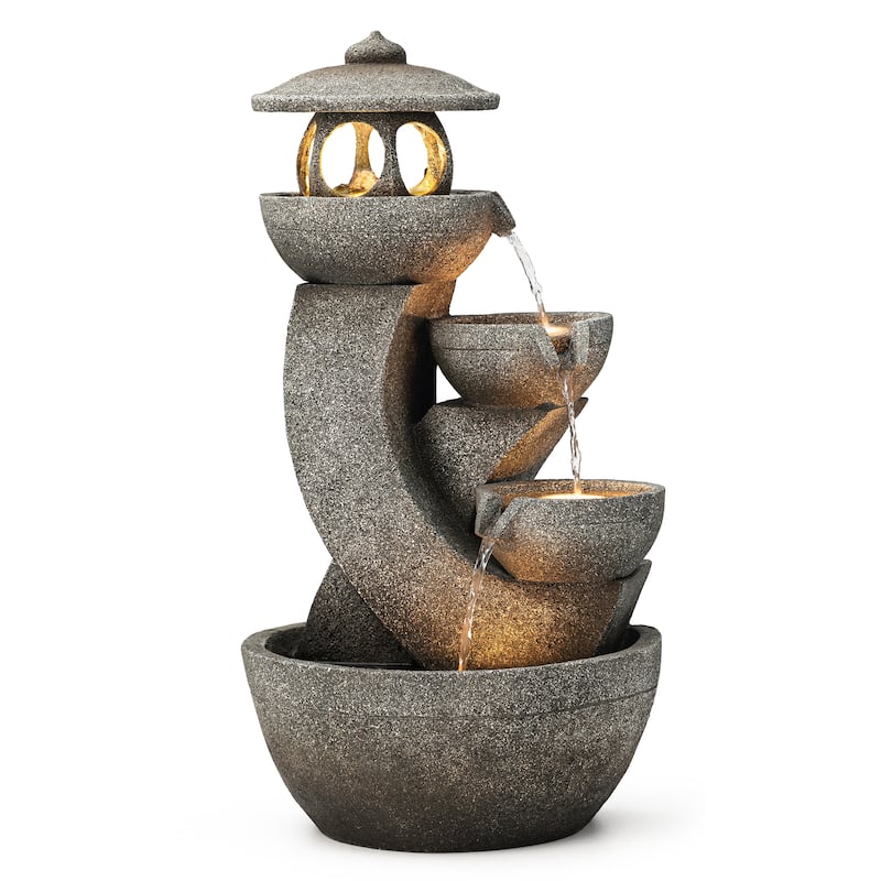 Glitzhome 32"H 4-Tiered Zen Pagoda Polyresin LED Lighted Outdoor Floor Water Fountain