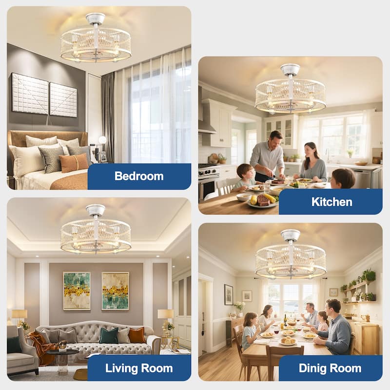 20-26" Caged outdoor Ceiling Fan with Light: Remote App Control-Farmhouse Fandelier Flush Mount Fixture Reversible 6 Speed Timer