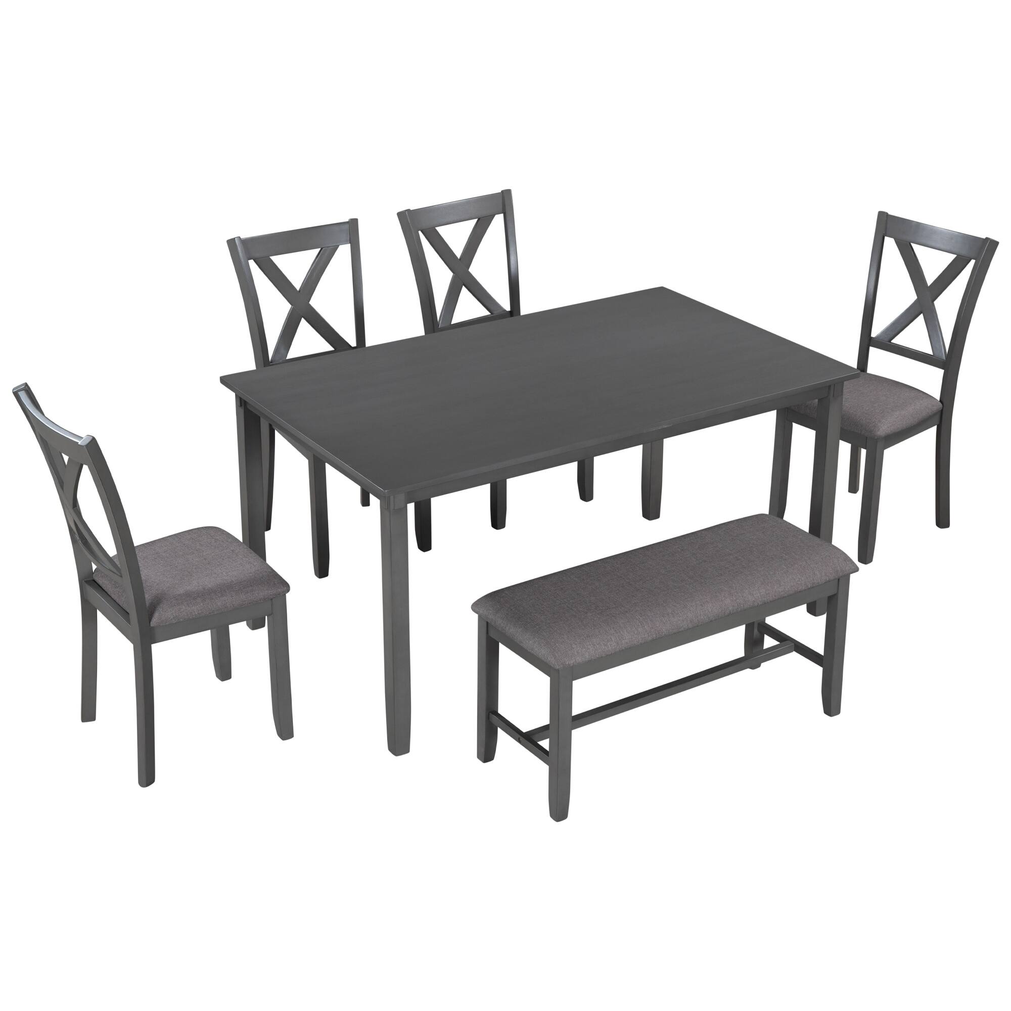 6Piece Wooden Dining Table Set with Chairs, Bench, Seats for 6 Bed