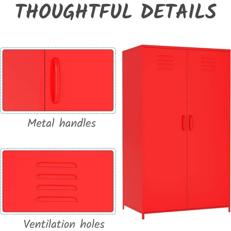 Double Doors Metal Locker Cabinet Storage with Hanging Rod and Shelves for Bedroom School Classroom - Red