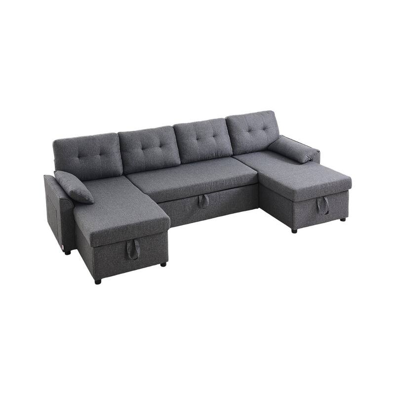 Convertible U-Shaped Sofa Bed with Storage Chaise Gray Linen Couch with Pull Out Sleeper - 113 × 57.1 × 35.8 in - Grey