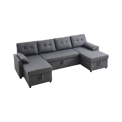 Convertible U-Shaped Sofa Bed with Storage Chaise Gray Linen Couch with Pull Out Sleeper - 113 × 57.1 × 35.8 in