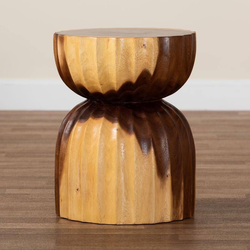 Noleta Hand-carved Suar Wood Side Table - Sculptural Hourglass Table with Natural Grain, Boho Style for Living Room or Bedroom
