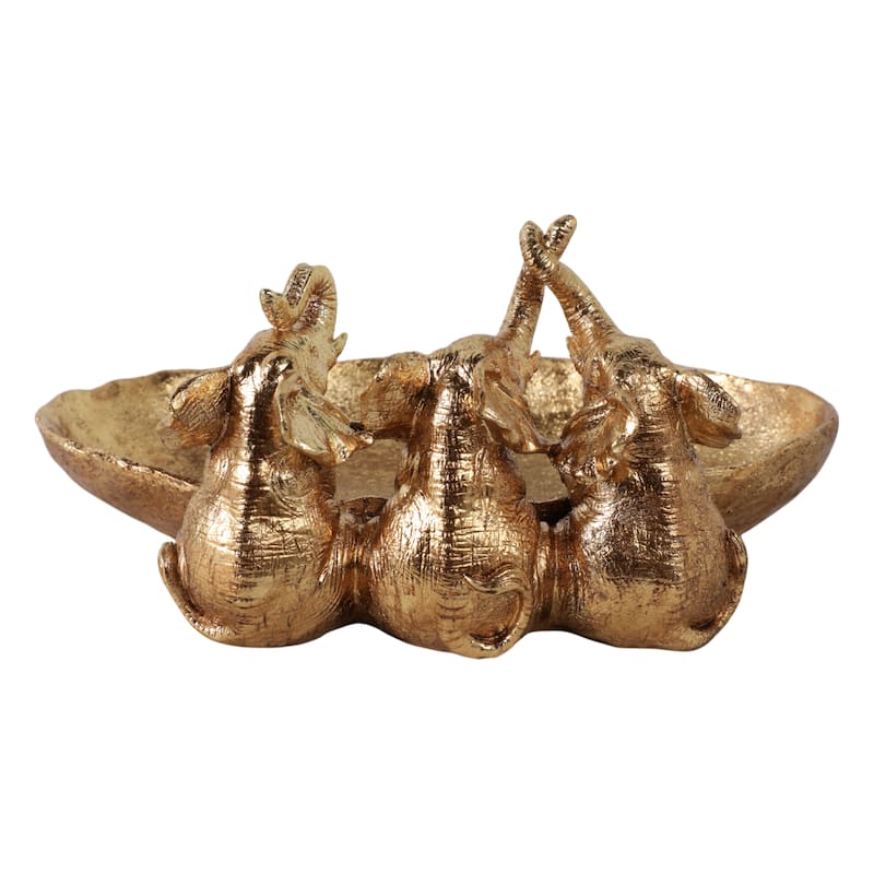 Resin Bowl Three Elephants Figurines Glam Catchall Tray - 12" Gold - 12" x 9.5" x 5.5"