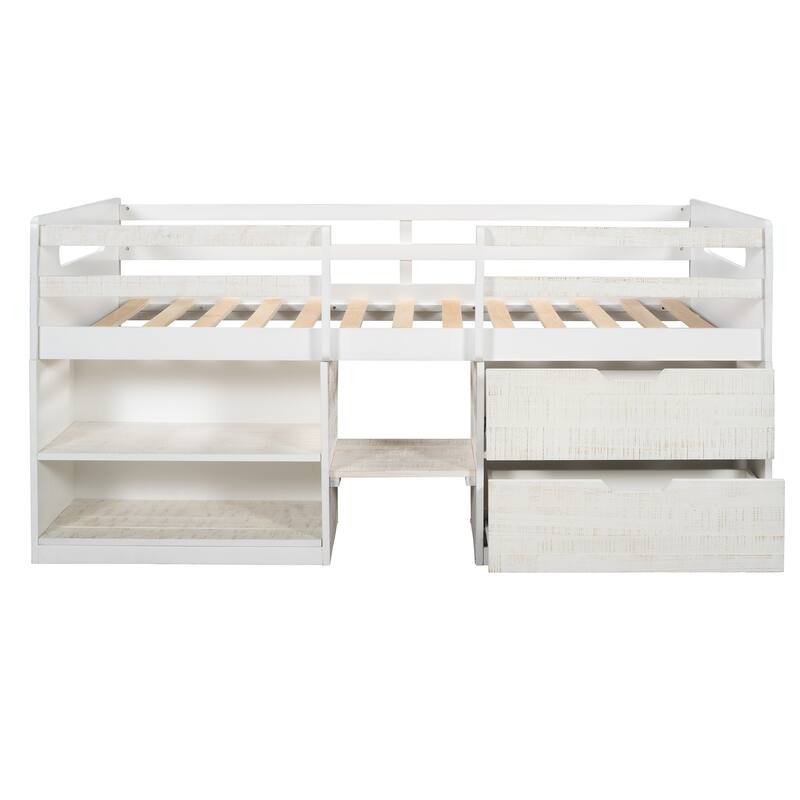 Twin Solid Pine Loft Bed with Shelves, Drawers, and Guardrail
