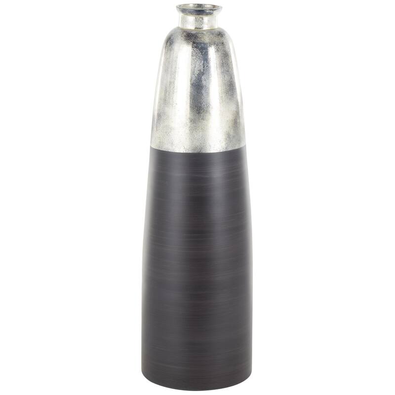 Black Glass Tall Brushed Two-Toned Floor Decorative Vase with Textured Silver Top
