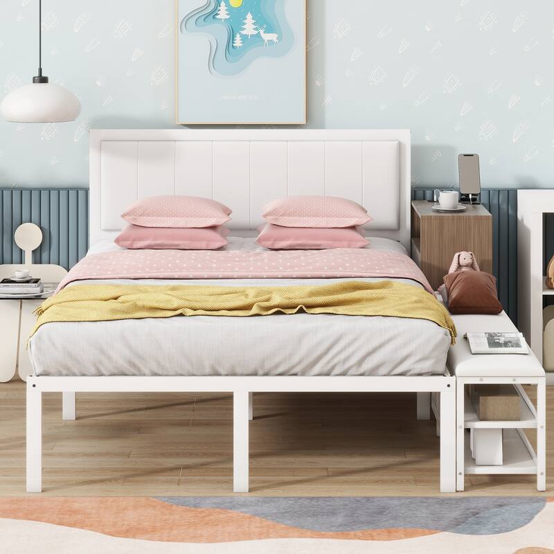 Metal Platform Bed with Two-Tier Storage Shelves and Wooden Cabinet, White