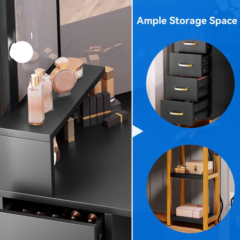 Moasis Corner Vanity Set with 4 Storage Drawers Shelves and Stool - 41.7"L x 19.6"W x 55.3"H