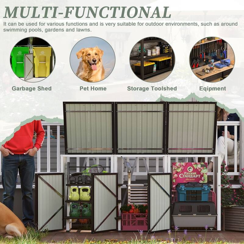 120 Cu. Ft. Outdoor 3-Trash-Can Storage Shed, Pneumatic Support Rod Storage - N/A