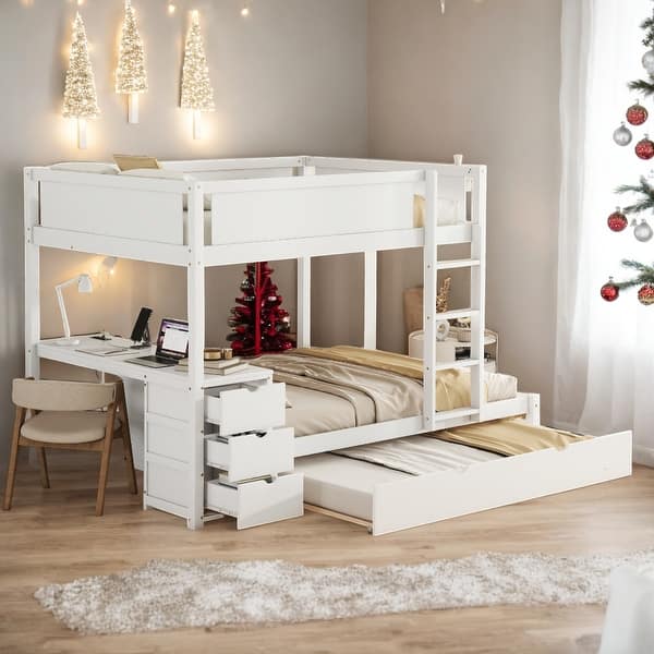slide 2 of 12, Full-Over-Full Bunk Bed with Twin size Trundle, Storage and Desk White