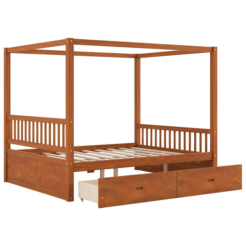Wooden Canopy Bed Platform Bed with Storage Drawers and Slats Support