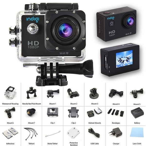 Indigi NEW Waterproof Action Sports CAM - Photo(12MP) & Video Mode(4K/1080p/720p) - Wide Angle - All Mounts Included - 1.5" LCD