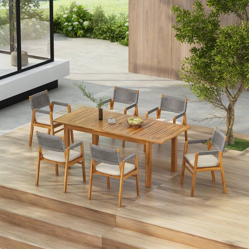 Christopher Knight Home- Ethan Outdoor 7-piece Expandable Acacia Wood Dining Set with Rope-Woven Armchairs - Grey Rope Chair+Teak Finish Table