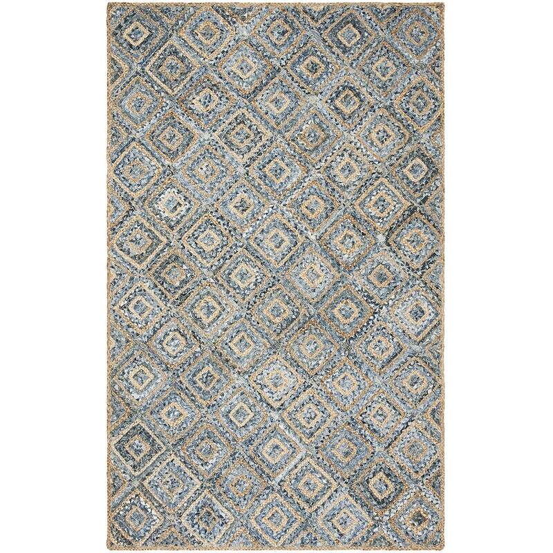 Area Rug 6x9 Natural Blue Jute Denim Braided Flatweave Living Room Bedroom Rug - 108 x 72