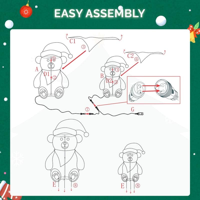 Set of 2 Lighted Plush Bear Christmas Decorations - 36 INCH