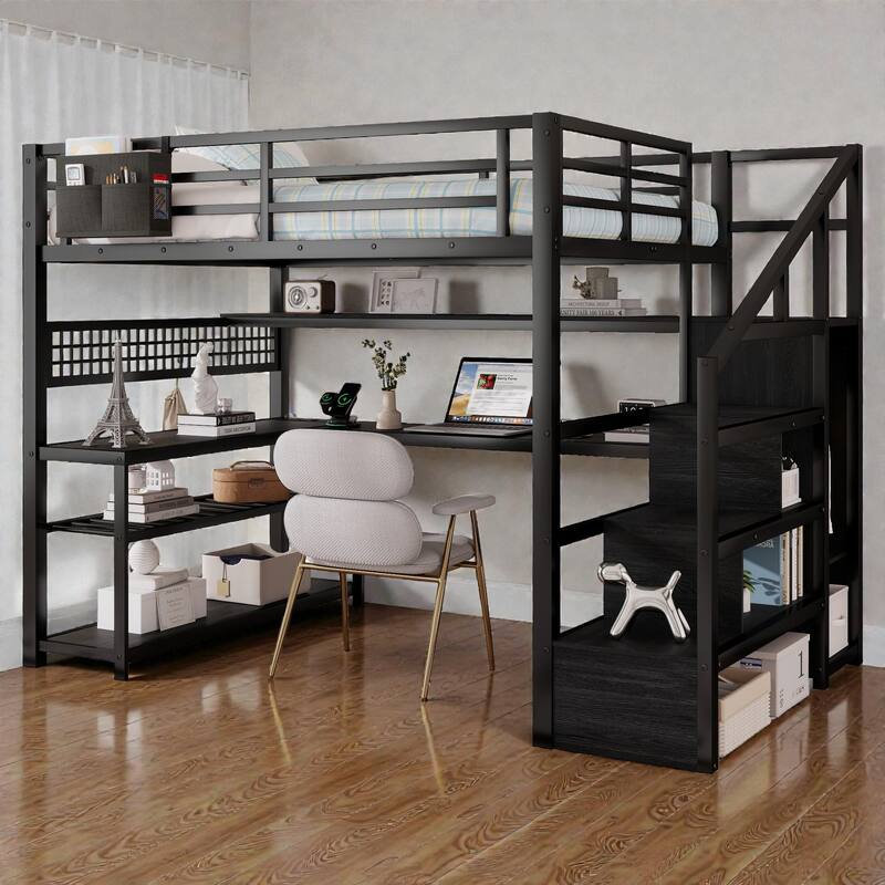 Full Size Metal Loft Bed with Staircase Storage, Wardrobe, L-Shaped Desk, Shelves, LED Lights and USB Charging Station