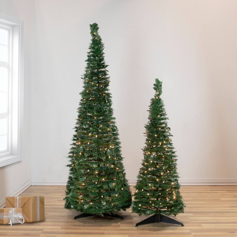 4' Pre-Lit Green Tinsel Pop-Up Artificial Christmas Tree, Clear Lights - 4 Foot