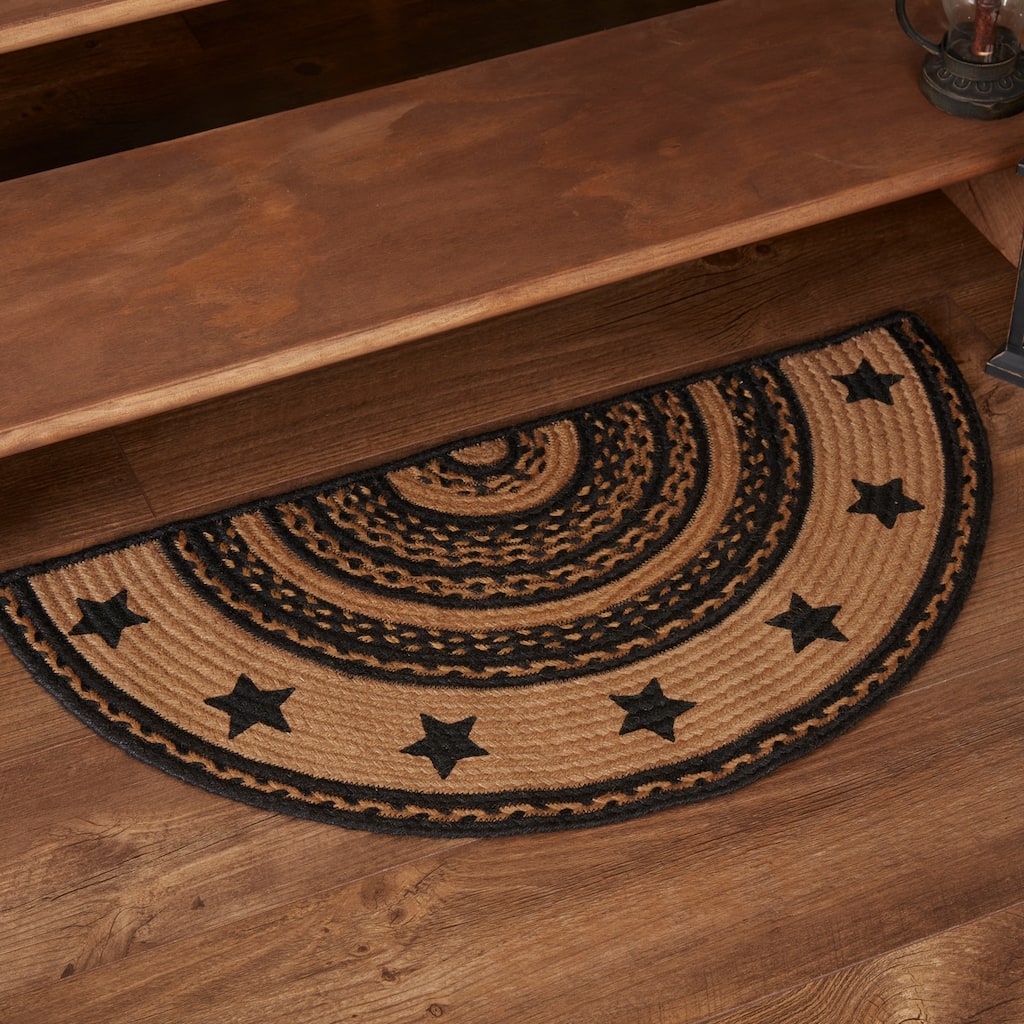 Farmhouse Jute Rug Half Circle Stencil Stars Border w/ Pad 16.5x33 - 16.5" x 33"