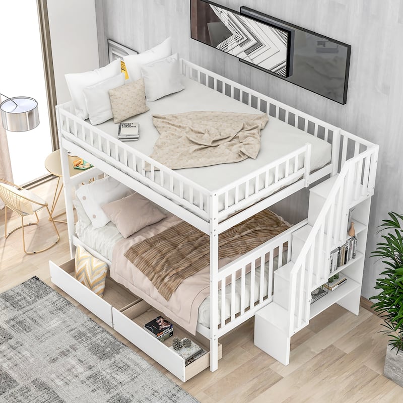 Full over Full Bunk Bed with 2 Drawers and Storage, White