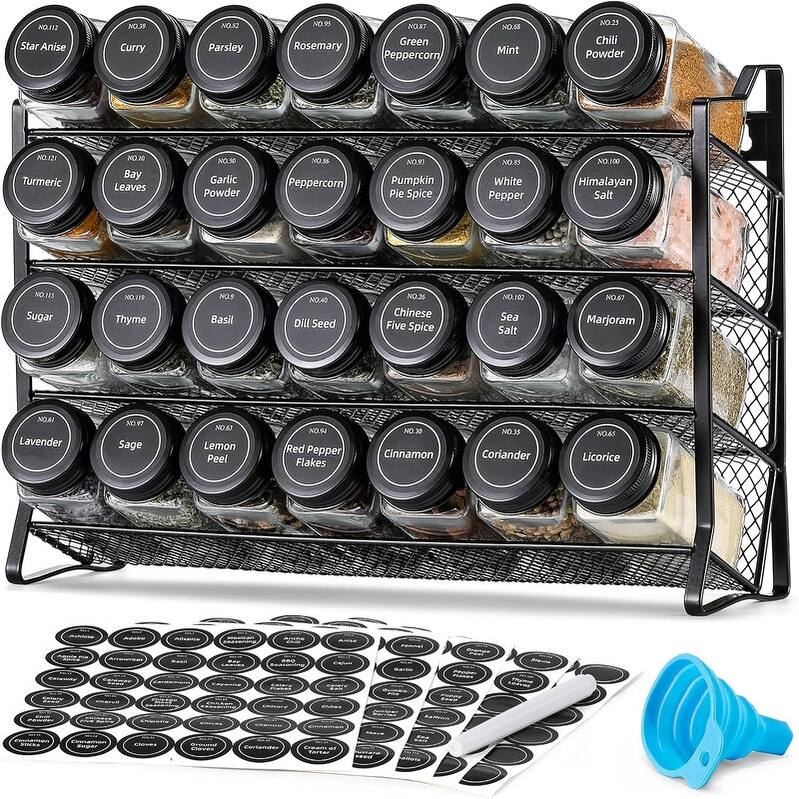 Spice Rack Organizer for Cabinet, Spice Organizer with 28 Empty - 13.5"D x 3.75"W x 10"H -  Black