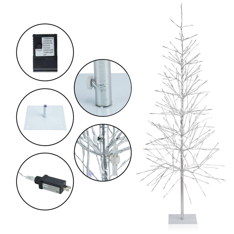 Alpine Corporation 65"H Indoor/Outdoor Pre-Lit Silver Foil Christmas Tree with Yard Stake and 360 LED Lights