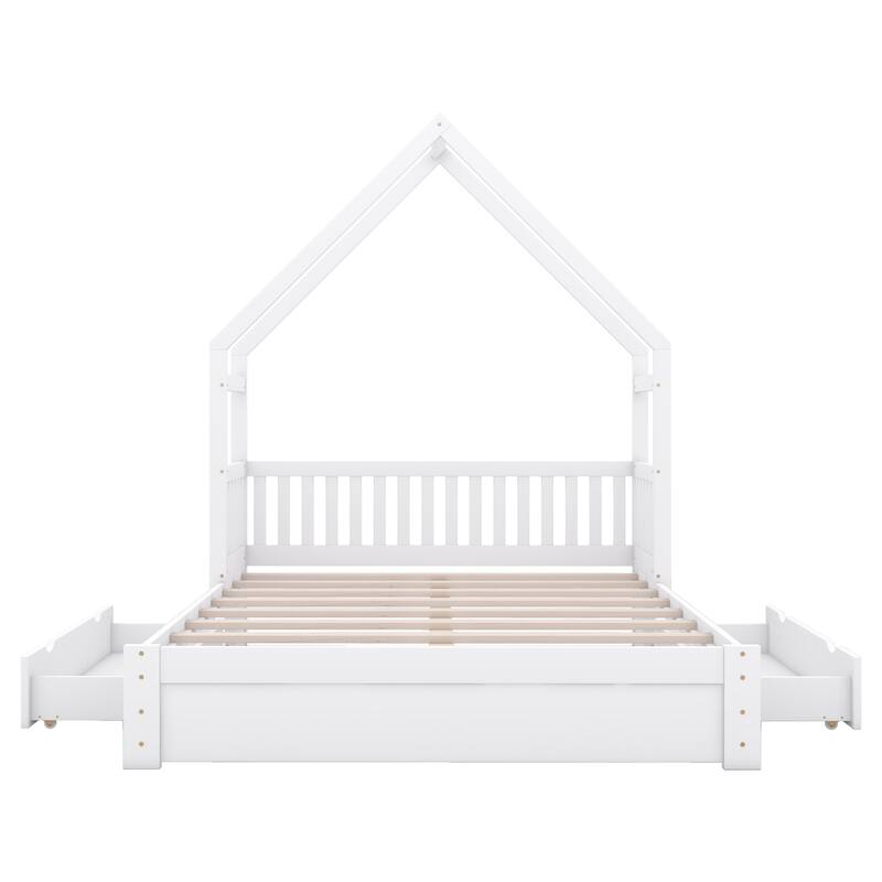Queen Size House Platform Bed with Guardrail and Storage Drawers, White