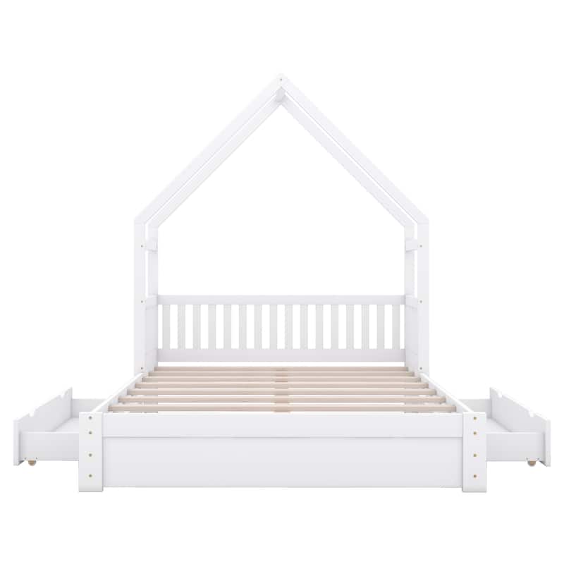 Wood Queen Size House Platform Bed with Guardrail and 2 Drawers, White
