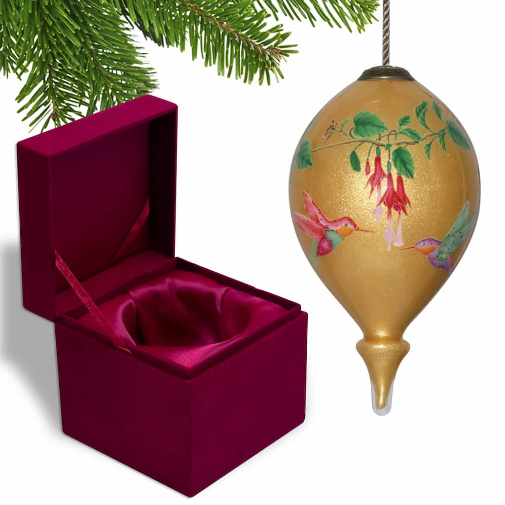 Golden Flowers and Hummingbirds Hand Painted Mouth Blown Glass Ornament - 4.75" x 2.5" x 2.5"