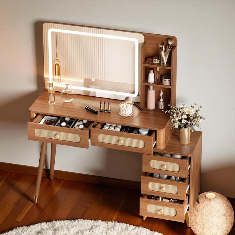 47'' Vintage Makeup Vanity with Mirror and Lights, Dressing Table with 5 Drawers, Storage Shelf & Rattan Design