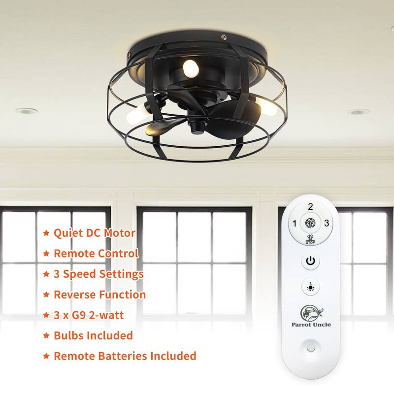 12" Black Industrial Caged Flush Mount Ceiling Fan with Lights and Remote