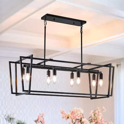 8-Light Rectangle Industrial Chandelier, 35-Inch Farmhouse Rustic Chandelier for Kitchen Island, Entryway