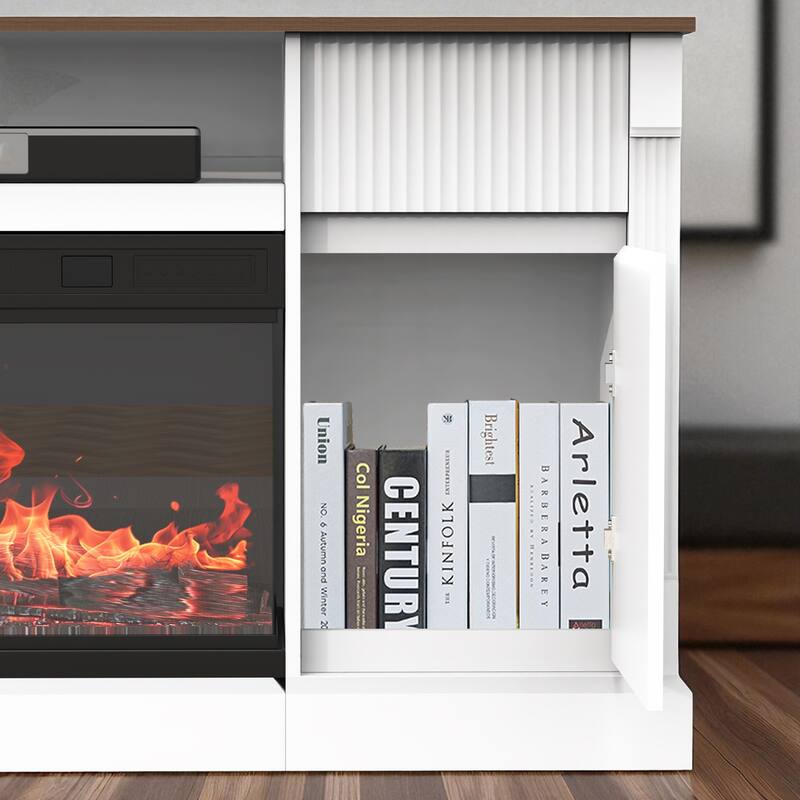 Modern 70 Inch TV Stand with Electric Fireplace, 3-Sided Glass, LED Lights, Storage Cabinets & Drawers, White MDF