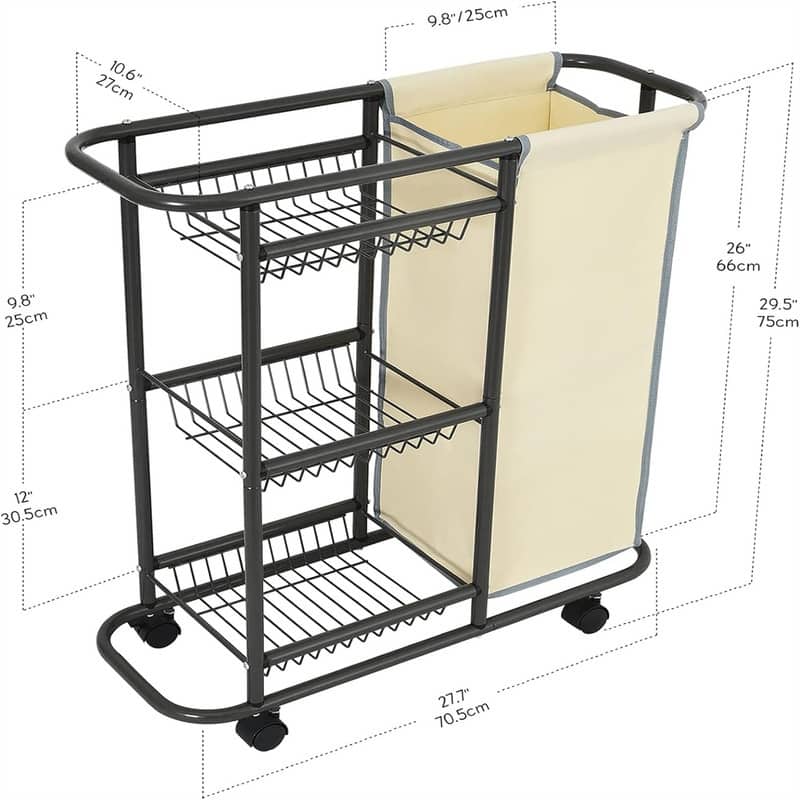 Laundry Sorter Cart Movable Bathroom Organizer - 27.7"D x 10.6"W x 29.5"H
