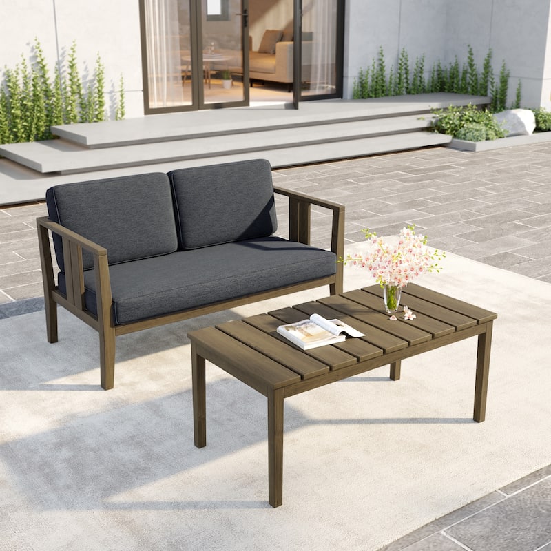 Uixe Teak Patio Loveseat with Coffee Table Outdoor Conversation Set