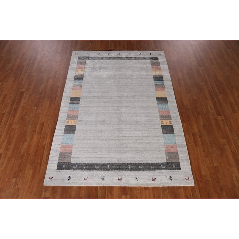 Tribal Gabbeh Indian Area Rug Hand-Knotted Grey Wool Carpet - 5'4" x 7'8"