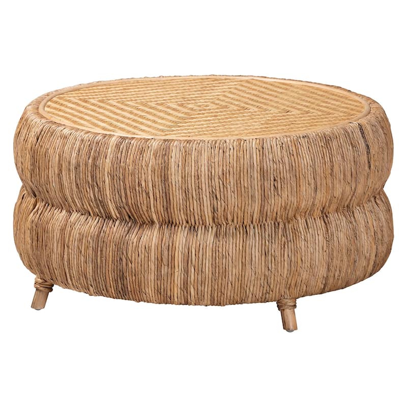 Roma Rattan and Seagrass Coffee Table - Low Profile Boho Accent Table with Textured Design and Natural Finish - Natural Brown
