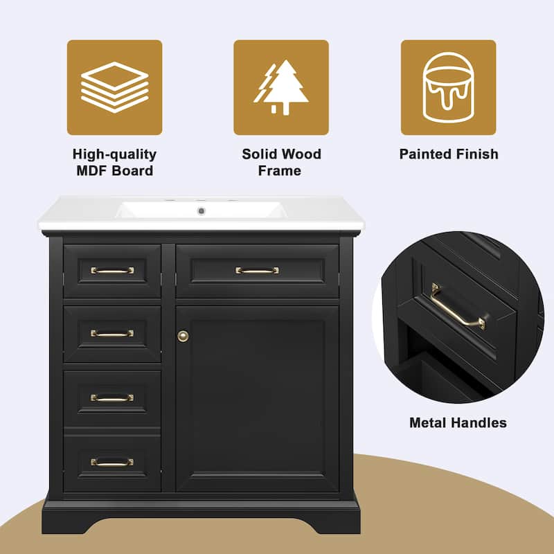 36 Inch Bathroom Vanity Ceramic Sink 4 Drawers Soft Close Door Metal Handles 8 Inch Faucet White