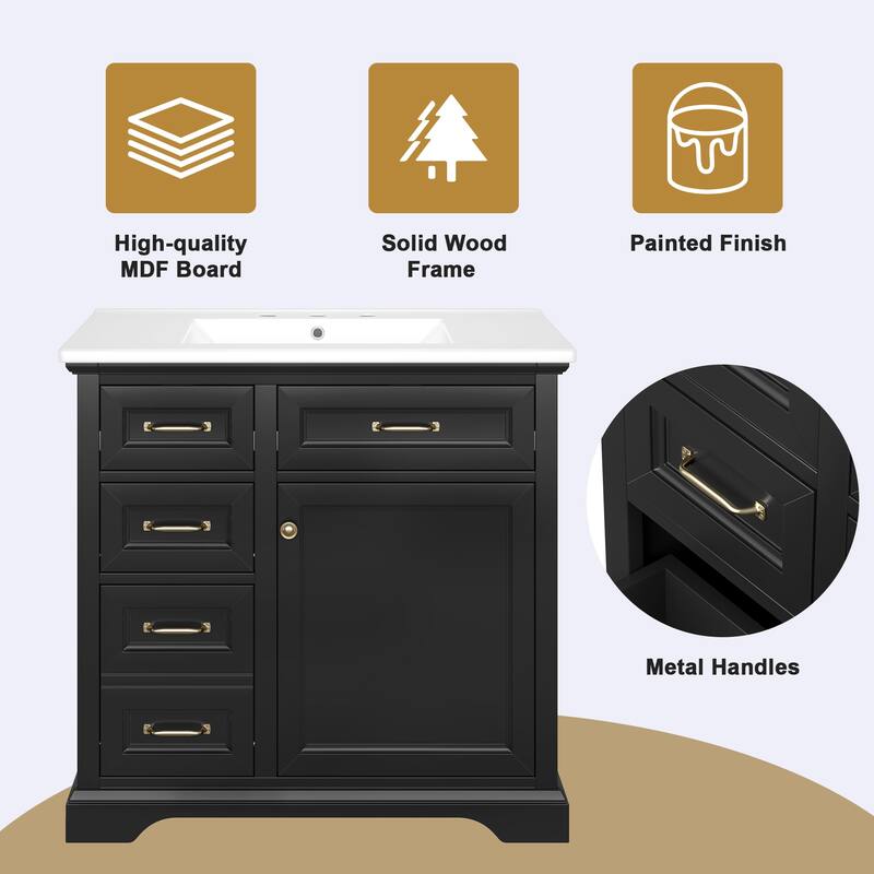 36-Inch Bathroom Vanity with Ceramic Sink Top, 4 Drawers and 1 Soft-Close Door, Freestanding Storage Cabinet with Metal Handles
